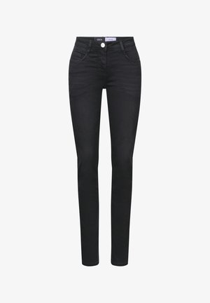 Czarne dżinsy skinny o gładkiej teksturze, z klasycznym pięciopocketowym wzorem i srebrnym zapięciem na guzik w pasie.