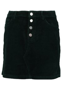 Green corduroy mini skirt with a high waist, five pockets, and a front button closure featuring silver-tone hardware. Vertical ribbed texture.