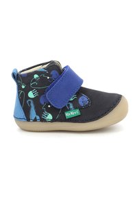 Schwarzer und blauer Knöchelstiefel mit einem Obermaterial aus Stoff, das mehrfarbige aquatische Muster aufweist, runde Zehenform und Klettverschluss. Gummisohle.