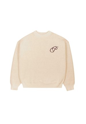 Beige crewneck sweater with long sleeves and ribbed cuffs, featuring a small dark embroidered script "P" on the left chest.