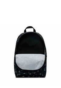 Sac à dos noir avec un motif abstrait blanc, poche frontale grise et une poignée en haut. Texture lisse, forme arrondie et bretelles ajustables.