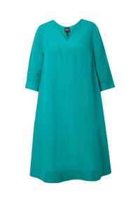 Un abito teal a trapezio con scollatura a V, maniche a tre quarti e una texture liscia, caratterizzato da un orlo fino al ginocchio e senza decorazioni visibili.
