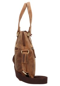 Borsa a tracolla in pelle marrone con chiusura a zip, tracolla regolabile e minuteria metallica. Presenta una tasca laterale e una superficie texturizzata.