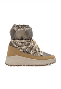 Brązowy ocieplany botek za kostkę z błyszczącym wykończeniem, teksturowanymi jasnobrązowymi akcentami i wzorzystymi sznurówkami. Posiada grubą gumową podeszwę z bieżnikiem.