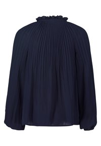 Blouse bleu marine avec un design plissé, un col montant à volants et des manches longues, confectionnée dans un tissu léger et fluide.
