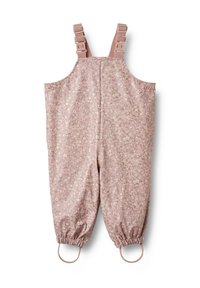 Salopette floreale rosa chiaro con spalline regolabili, polsini elasticizzati e bottoni laterali; tessuto morbido con un delicato motivo floreale.