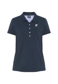 Marineblaue Polo-Shirt mit kragenschnitt, kurzen Ärmeln, Knopfleiste und einem kleinen gestickten Pferdelogo auf der linken Brust.