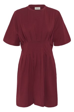 Bordeauxrotes Kurzarmkleid mit geraffter Taillendetailierung und rundem Ausschnitt, aus weichem Stoff, Marke Gestuz.