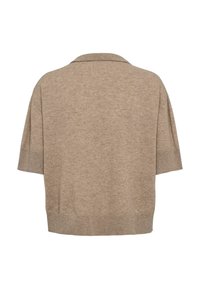 Bežový pletený sveter na krátke rukávy, s jemnou textúrou, vo voľnom strihu, s klasickým golierom a rebrovaným lemovaním. Zobrazený zadný pohľad.