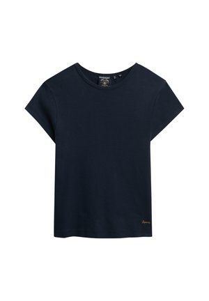 Navyblaues T-Shirt mit kurzen Ärmeln und rundem Halsausschnitt, aus weicher Baumwolle gefertigt. Auf dem Saum befindet sich ein kleines, golden gesticktes Logo.