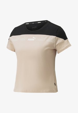 Lyhameha varrukas T-särk beeži ja musta värviga, pehmest kangast. Omab ümmargust kaelust ja horisontaalset PUMA logo detaili rinnal.