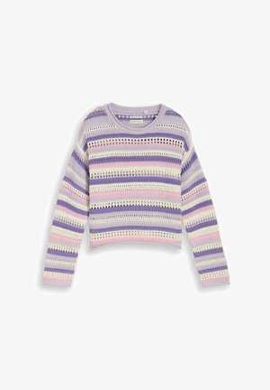Gehäkelter Pullover mit langen Ärmeln und horizontalen Streifen in Schattierungen von Lila, Pink, Creme und Lavendel, mit rundem Ausschnitt.
