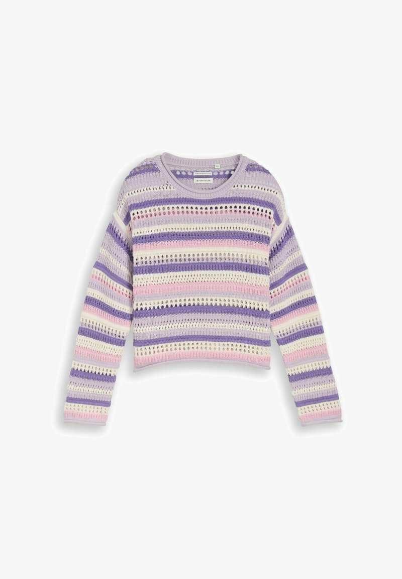 Nertas ilgomis rankovėmis megztinis su horizontaliomis juostelėmis violetinės, rožinės, kreminės ir levandų spalvų atspalviais, suapvalinta iškirpte.