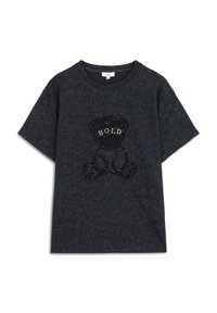 Donkergrijze t-shirt met korte mouwen, featuring een berenontwerp gemaakt van zwarte kralen en het woord "BOLD" in goud op de voorkant.