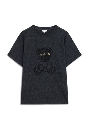Donkergrijze t-shirt met korte mouwen, featuring een berenontwerp gemaakt van zwarte kralen en het woord "BOLD" in goud op de voorkant.