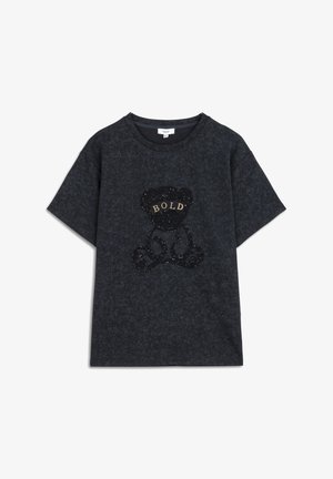 Dunkelgraues T-Shirt mit kurzen Ärmeln, das ein Bärenmotiv aus schwarzen Perlen und das Wort "BOLD" in Gold auf der Vorderseite zeigt.