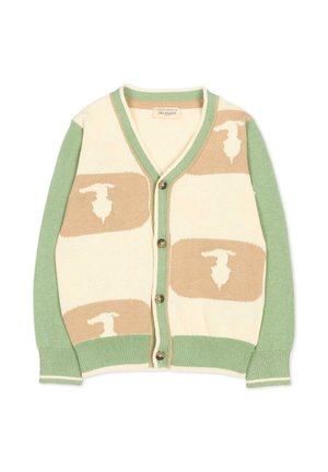 Cardigan con bottoni con maniche verdi e bordi, motivi geometrici beige e crema con forme astratte sulla parte anteriore e sulle spalle.