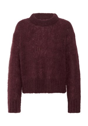Burgunderfarbener Strickpullover mit rundem Ausschnitt, verkürztem Design, lockerer Passform und strukturiertem, flauschigem Material. Lange Ärmel und gerippter Saum.