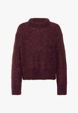 Burgundy knitted sweater with a rounded neckline, cropped design, loose fit, and textured, fuzzy material. Long sleeves and ribbed hem.