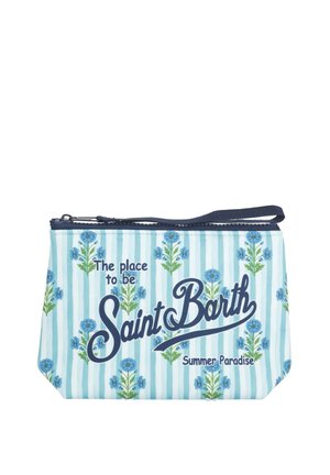 Piccola pochette a righe blu e bianche con cerniera, decorata con fiori blu e la scritta "The place to be Saint Barth Summer Paradise" sul davanti.