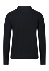 Schwarzer Pullover mit langen Ärmeln, geripptem Kragen und Bündchen. Hat eine glatte Textur und einen entspannten Schnitt ohne sichtbare Markenkennzeichnung.