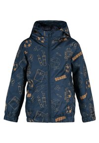 Navy blue jacket with a zip front, featuring yellow academic-themed illustrations like a globe, soccer ball, and test tubes on the fabric.