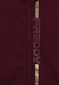 Tessuto bordeaux con una cerniera centrale e una striscia verticale in metallo dorato, che presenta la parola "STRONG" in borchie dorate lungo la striscia.