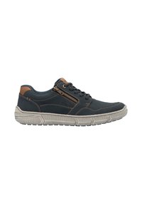 Dark blue leather sneaker with brown accents, textured rubber sole, lace-up design, and side zipper detail.