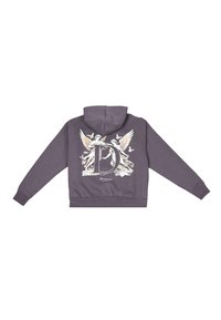 Kapuzensweatshirt in tiefem Lila mit einem großen grafischen Design von Flügeln und Figuren auf dem Rücken. Weicher Stoff und gerippte Bündchen.