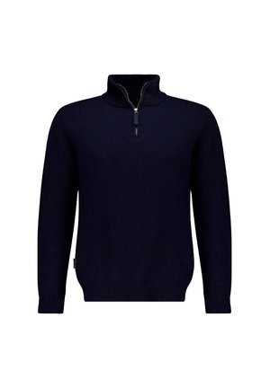 Pull à manches longues bleu marine avec un col haut et une demi-fermeture éclair. Fabriqué dans un tissu doux et texturé. Comprend des finitions côtelées aux poignets et à l'ourlet.