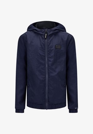 Giacca con cappuccio blu navy con cerniera frontale completa, polsini ed orlo elastici, e una piccola patch rettangolare con logo sul petto.