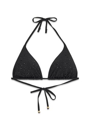 Schwarzes Bikinioberteil in Dreiecksform mit Neckholder und Rückenbändern, verziert mit kleinen schwarzen Perlen auf dem Stoff.