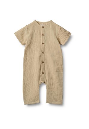 Beige cotton romper with short sleeves, button front, and a side pocket. Features a textured, wrinkled design.