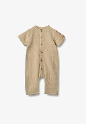 Béžový bavlnený overal s krátkymi rukávmi, zapínaním na gombíky vpredu a bočnou vreckom. Obsahuje textúrovaný, zvrásnený dizajn.