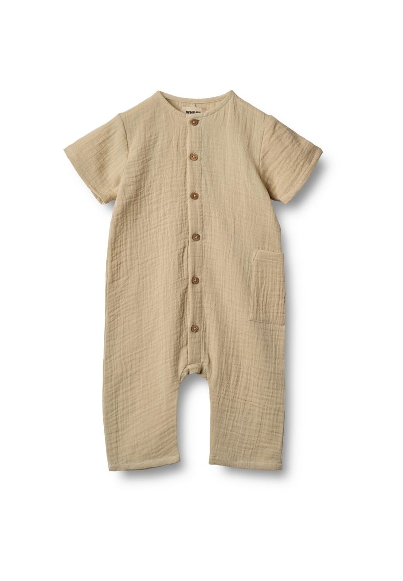 Beige bomullsoverall med korta ärmar, knapp-frontend och en sidoficka. Har en texturerad, skrynklig design.