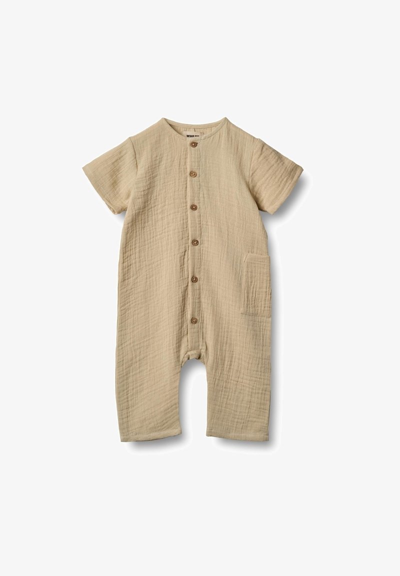 Beżowy bawełniany kombinezon z krótkim rękawem, z zapinaniem na guziki z przodu i boczną kieszenią. Posiada teksturowany, pomarszczony wzór.
