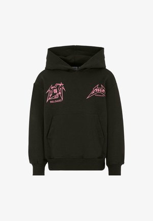 Zwarte hoodie gemaakt van een stof met een zachte textuur. Voorzien van roze grafische logo's "MSGM" en "RELOADED" aan de voorkant. Inclusief kangoeroezak.
