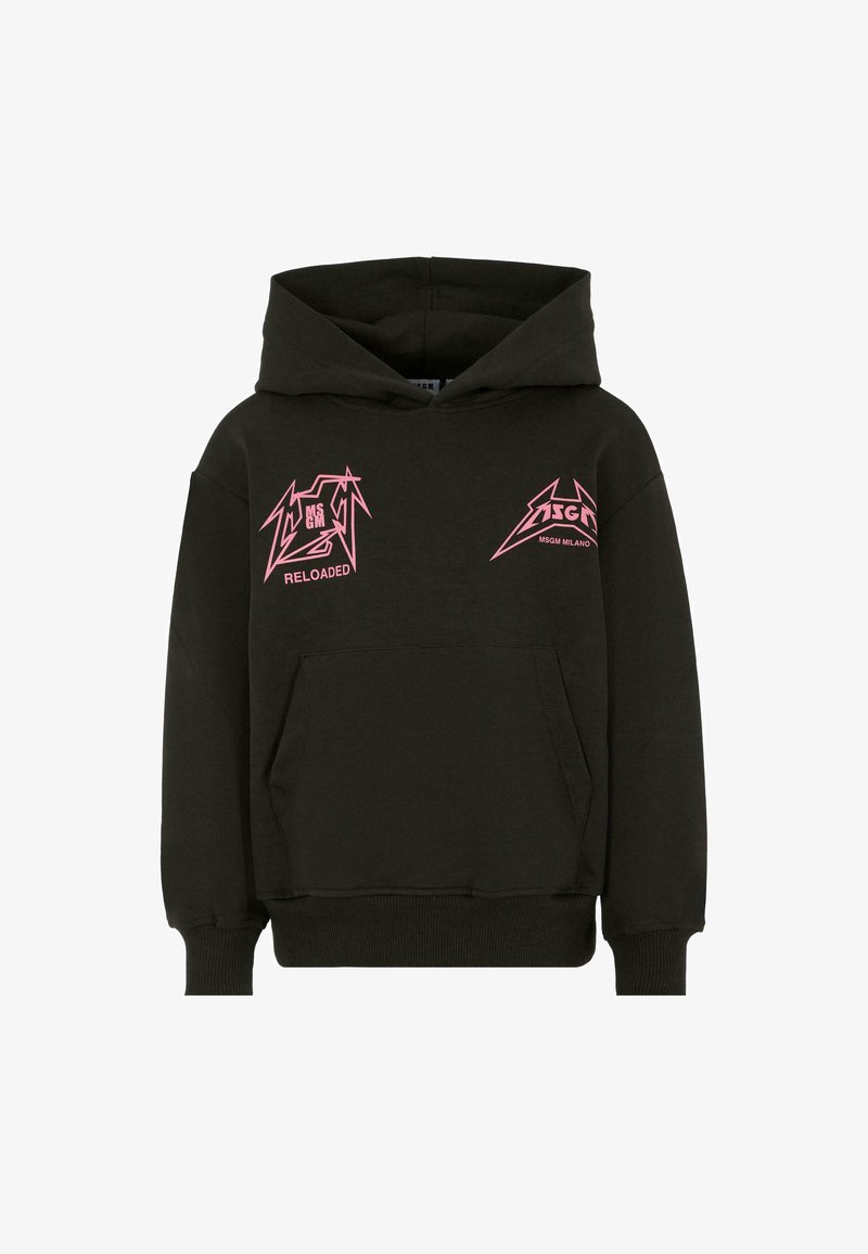 Felpa con cappuccio nera realizzata in un tessuto dal tocco morbido. Presenta loghi grafici rosa "MSGM" e "RELOADED" sulla parte anteriore. Include tasca a marsupio.