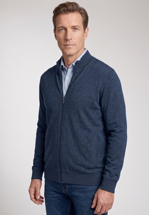 Mann mit hellbraunen Haaren, der einen blauen Reißverschluss-Pullover über einem hellblauen Hemd trägt und vor einem schlichten hellen Hintergrund steht.