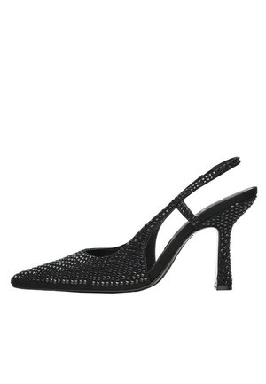 Scarpe con tacco a sfilza nere, con punta affilata, texture intrecciata e tacco a spillo di 7,5 cm. Presentano lati aperti e un design elegante.