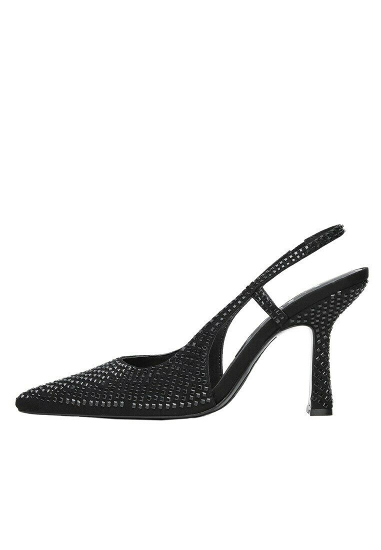 Escarpins noirs à bride arrière avec un bout pointu, texture tissée et un talon aiguille de 7,5 cm. Présente des côtés ouverts et un design épuré.