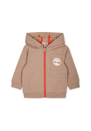 Felpa zip con cappuccio beige con zip arancione, tasca anteriore e logo bianco. Presenta una texture morbida e un cappuccio. Adatta per un abbigliamento casual.