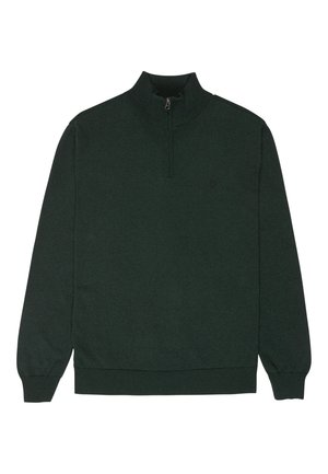 Maglione verde scuro a maniche lunghe con mezza cerniera e polsini e orlo a coste, disteso su uno sfondo bianco.