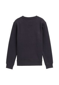Sweatshirt bleu marine foncé avec un col rond, des poignets et un ourlet côtelés. Présente une petite étiquette carrée sur le haut du dos. Texture lisse.