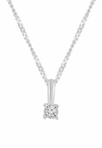 Sudraba ķēdes kaklarota ar apaļu, skaidru dimanta kulonu, kas iestādīts četrknābju, pulētā sudraba ietvarā.
