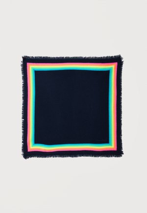 Dark blue square scarf with thin rainbow-colored border stripes and fringed edges on a plain background.