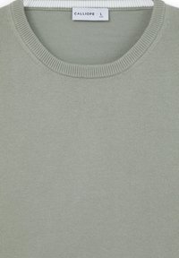 Hellgrüner Strickpullover mit Rundhalsausschnitt, geripptem Saum und einem Etikett im Inneren, das die Größe L angibt. Glatte Textur mit gleichmäßigem Maschenmuster.