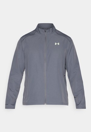 Graue Zip-Jacke aus leichtem Material mit Stehkragen und Logo auf der oberen linken Brustseite. Glatte Textur, sportliches Design.