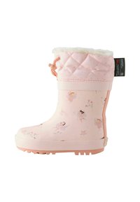 Roze rubberen regenlaars met een gewatteerde stoffen kraag, bloemen- en feeënpatroon, een gestructureerde zool en een elastische toggle voor een veilige pasvorm.