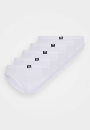 Cinco pares de bragas de algodón blancas. Tela suave con una textura lisa, que presenta un logo de la marca en negro en la cintura. Diseño de braga clásica.